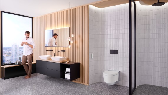 Salle de bains Geberit AquaClean Maïra et miroir Geberit Option Plus