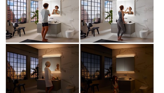 Différentes ambiances lumineuses dans la salle de bains grâce au concept dʼéclairage ComfortLight de Geberit (© Geberit)