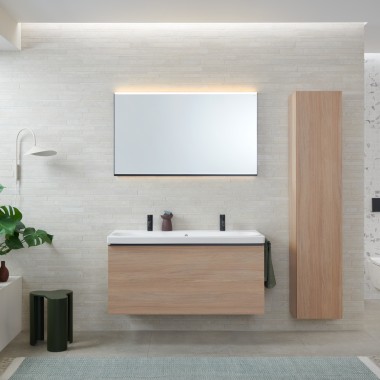 Lavabo double Geberit Acanto avec meuble couleur chêne